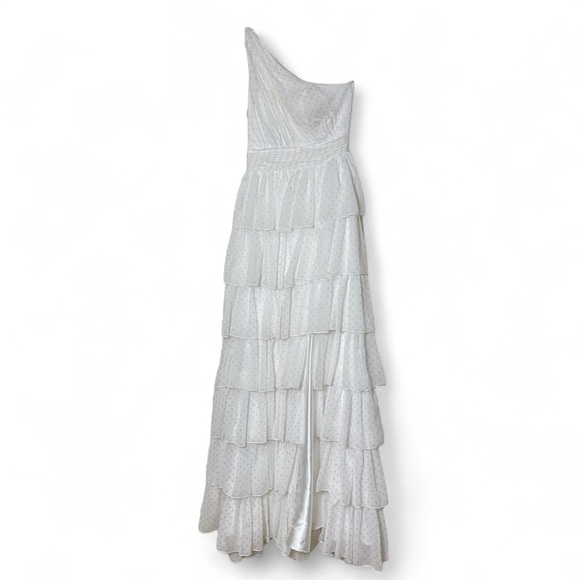 Mac‎ Duggal White And Gold Polka Dot One Shoulder Tiered Dress  Size 0 - Picture 2 of 8